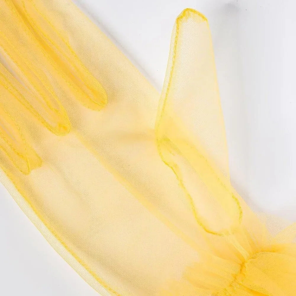 Women's Puffy Ruffle Yellow Tulle Sheer Mesh Party Prom One Size Short Gloves